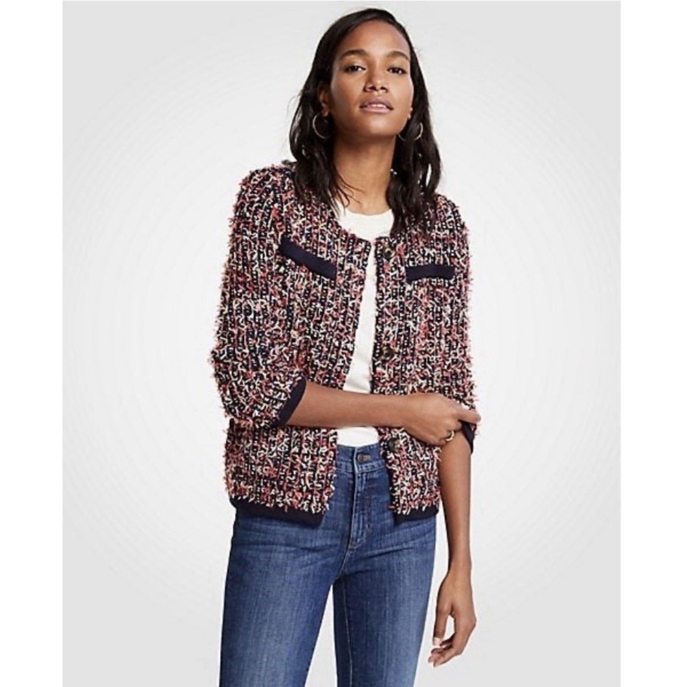 Ann Taylor Cardigan Jacket Blazer Small Confetti Navy Multi Fringe Knit Career